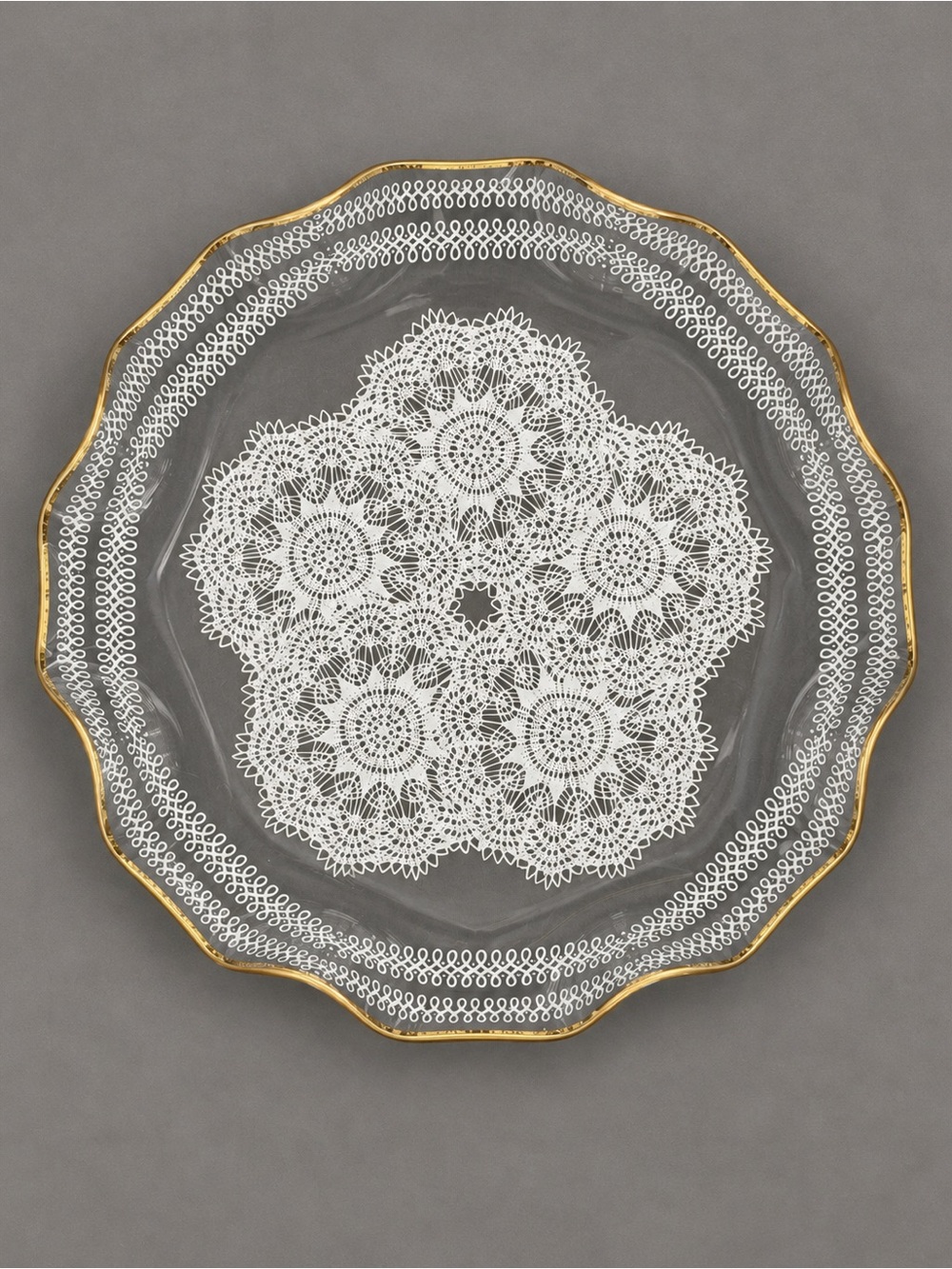 Crystal Clear Industries White Lace Gold Trim Scalloped Glass Cake Plate